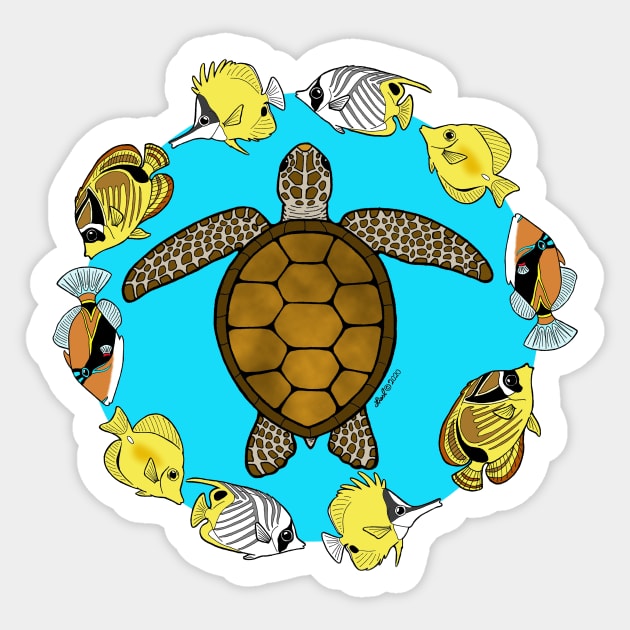 Sea Turtle and Fish Sticker by HonuHoney